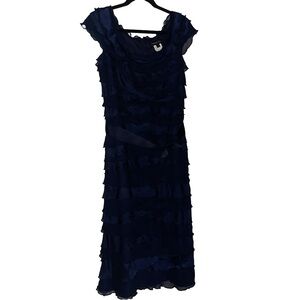 Tadashi Shoji Tiered Ruffle Maxi Dress Scoop Neck Belted Lined Navy Blue Size 10